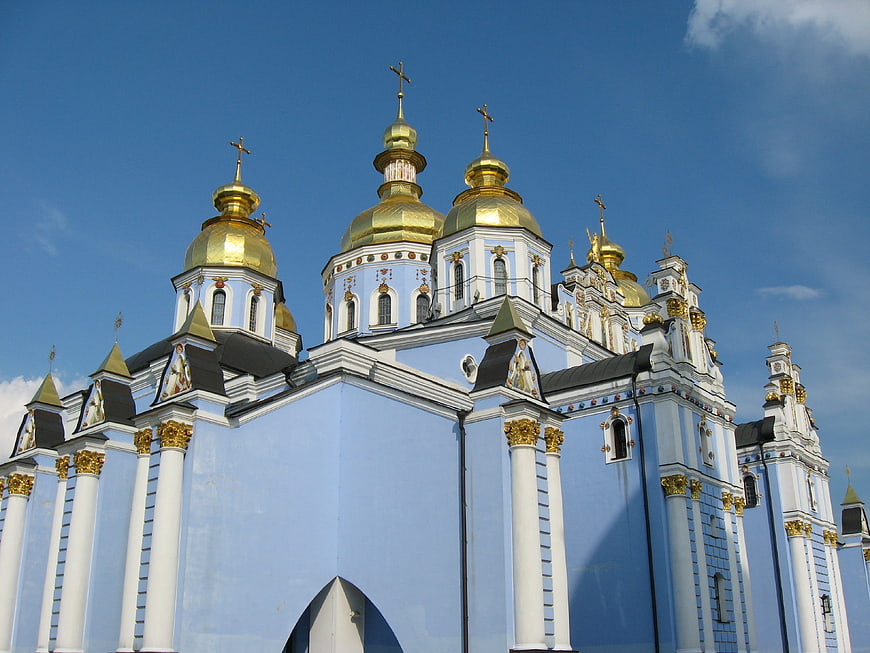 Blue and Gold Orthodox Church with Golden Domes