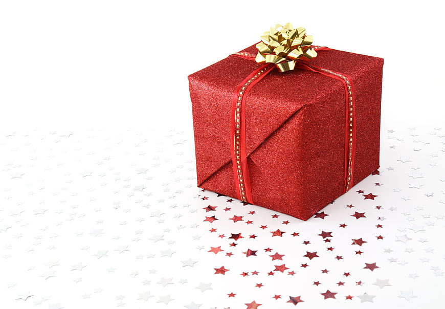 Red Glitter Gift Box with Gold Bow on White Background