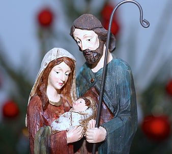 Handcrafted Wooden Nativity Scene Figurines of Mary, Joseph, and Baby Jesus
