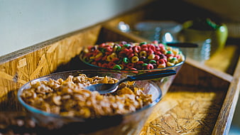 Colorful Cereal Bowls on Wooden Buffet Tray