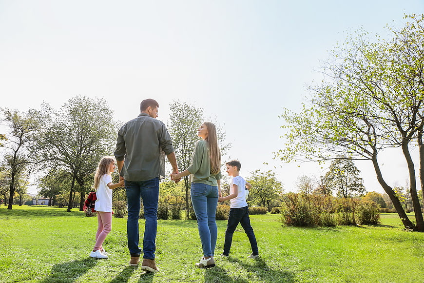 Happy family walking hand in hand in a sunny park