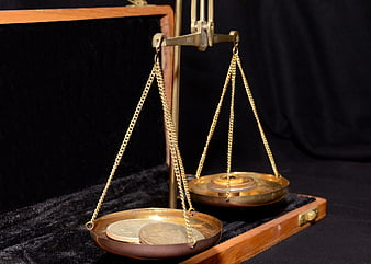 Vintage Brass Apothecary Scale with Coins in Wooden Case