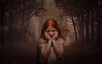 Scared girl in dark forest with ghostly figure