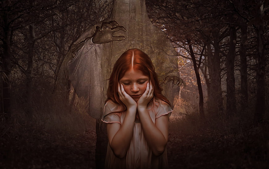 Scared girl in dark forest with ghostly figure