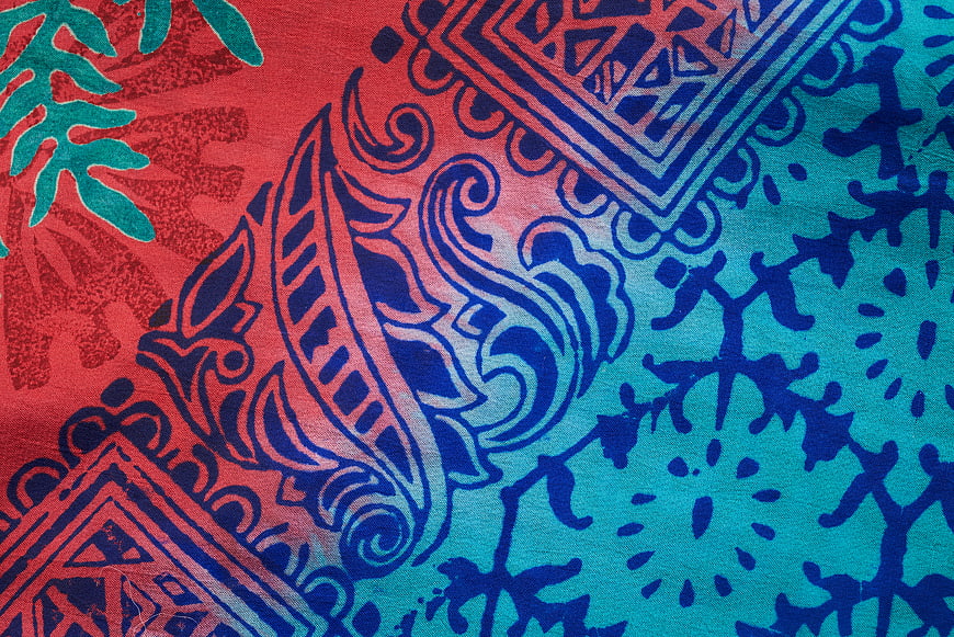 Vibrant Red and Blue Patterned Sari Fabric Texture