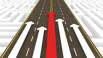 Red arrow leading on road through white maze concept