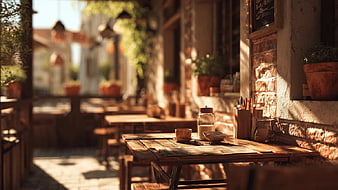 Cozy Outdoor Cafe with Rustic Wooden Tables