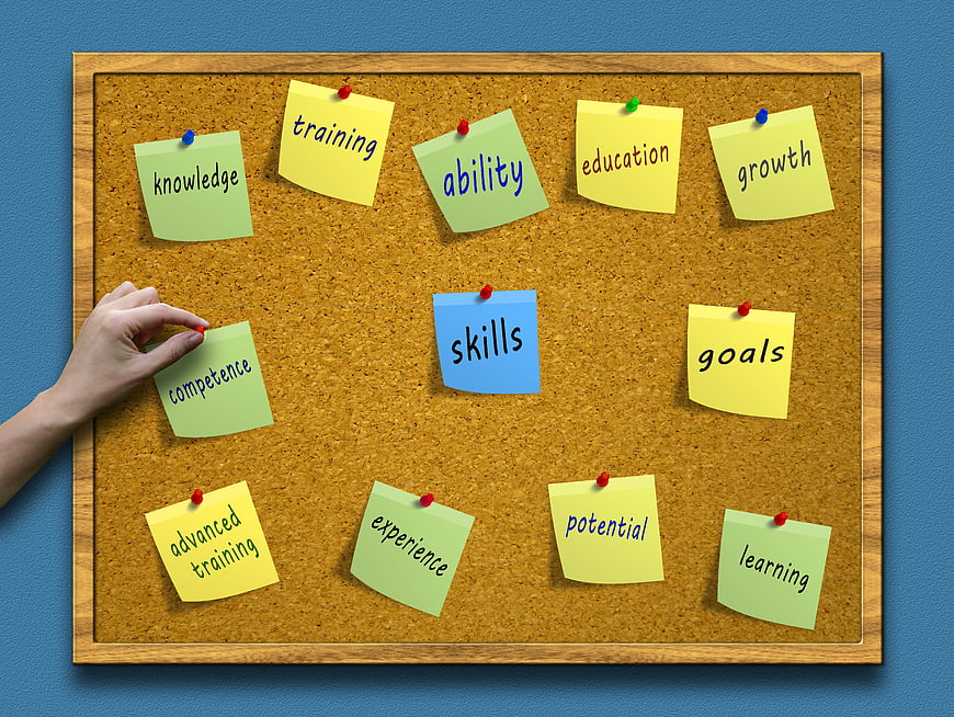 Corkboard with sticky notes for skills, training, and business goals