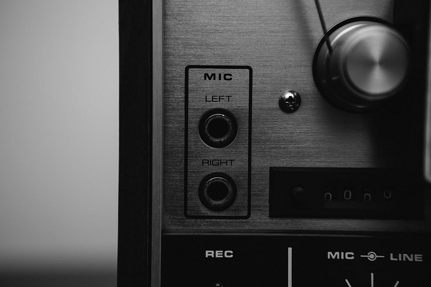 Close-up of vintage audio recorder microphone input panel