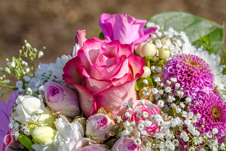 Vibrant Pink Rose Bouquet with Baby's Breath and Chrysanthemums