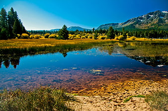Serene Mountain Lake with Golden Autumn Reflections
