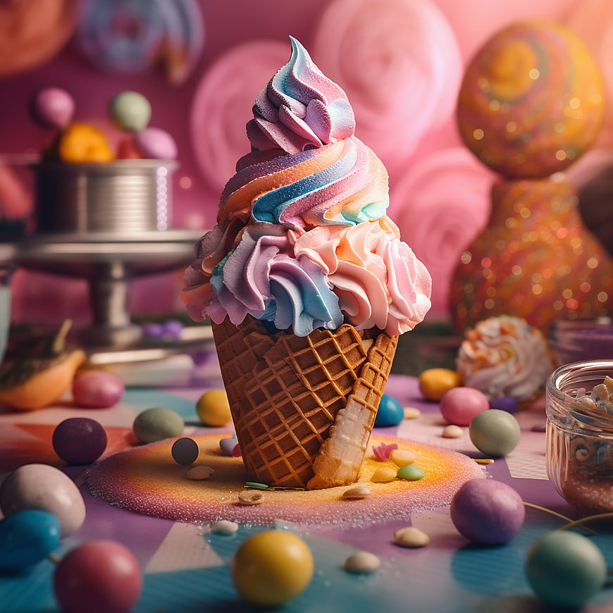 Colorful Swirl Ice Cream Cone with Candy