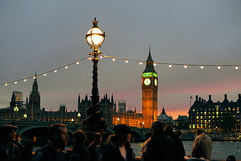 Big Ben and Houses of Parliament at Dusk with Foreground Crowd