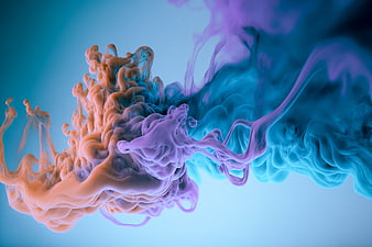 Abstract colorful ink swirls in water with blue and orange smoke