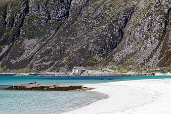 White Sand Beach with Turquoise Water and Mountain Cliff