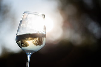 White wine glass with sunlight reflection outdoors