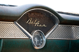 Close-up of vintage Bel Air car dashboard clock