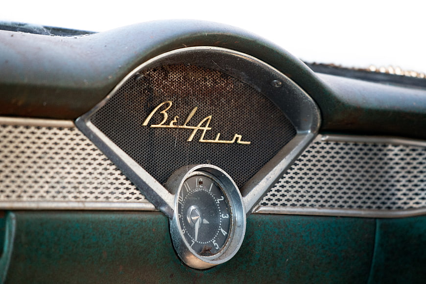 Close-up of vintage Bel Air car dashboard clock