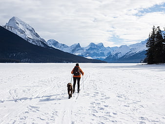 Hiker and dog skiing across frozen lake with mountains