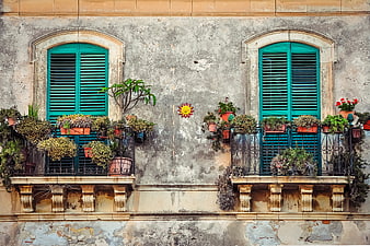Colorful Balconies with Green Shutters and Potted Plants