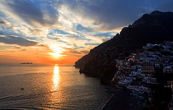 Sunset over Positano on the Amalfi Coast, Italy