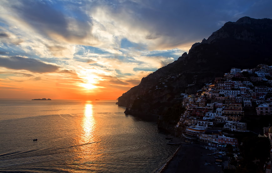Sunset over Positano on the Amalfi Coast, Italy