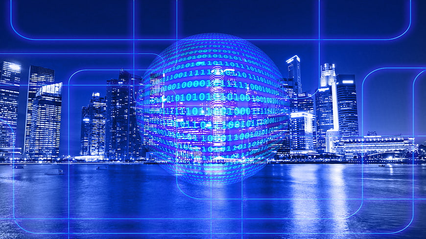 Digital Binary Globe Over Singapore City Skyline at Night