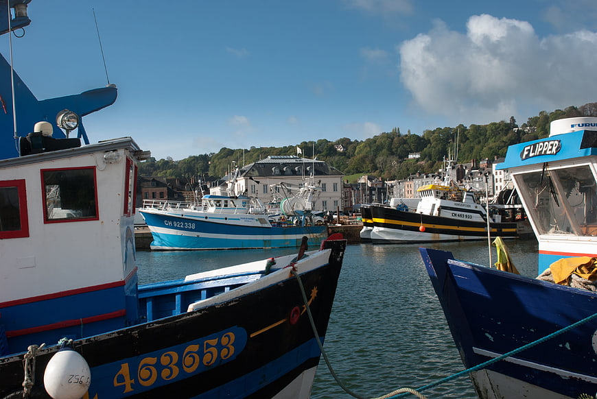 Colorful Fishing Boats Docked in a French Harbor