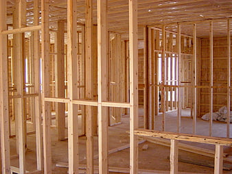 Wooden framing of a house under construction interior