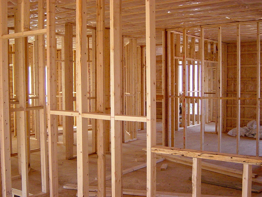 Wooden framing of a house under construction interior