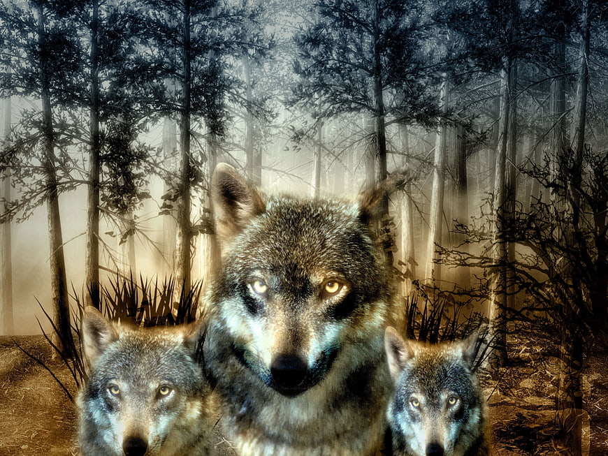 Three wolves in a misty forest with intense gaze