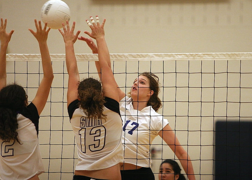 Female Volleyball Players Blocking at the Net