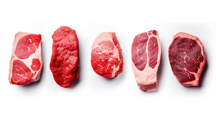 Assortment of raw beef steaks on white background