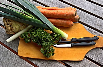 Fresh Vegetable Soup Ingredients on Wooden Cutting Board