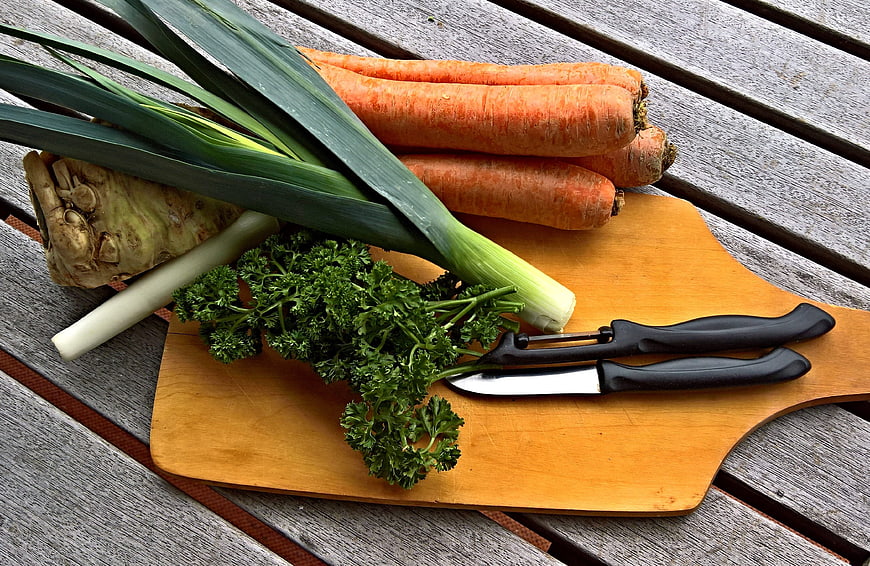 Fresh Vegetable Soup Ingredients on Wooden Cutting Board