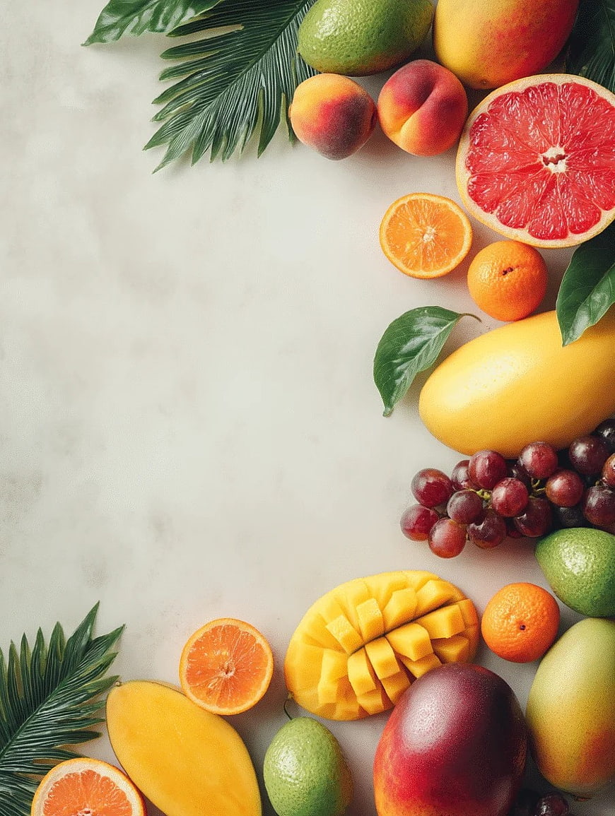 Top View of Fresh Tropical Fruits on White Background