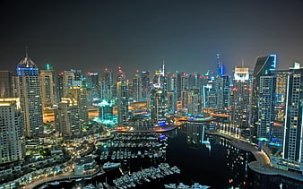 Dubai Marina Night Skyline with Yachts and Skyscrapers