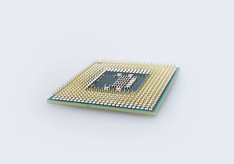 Close-up of CPU processor with gold pins on white background