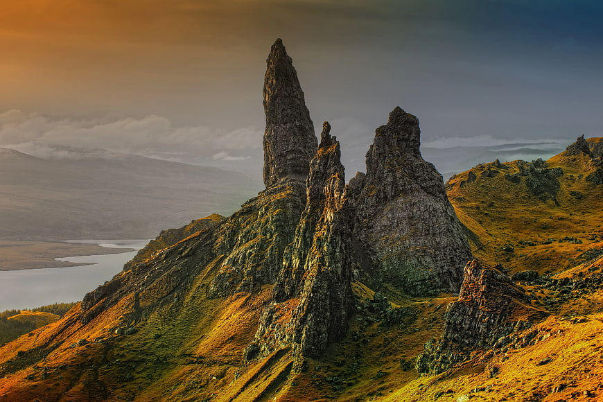 Dramatic Old Man of Storr Rock Formation at Sunset