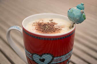 Red Mug with Cinnamon Latte and Teapot Spoon