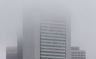 Modern Skyscraper Emerging from Thick Urban Fog
