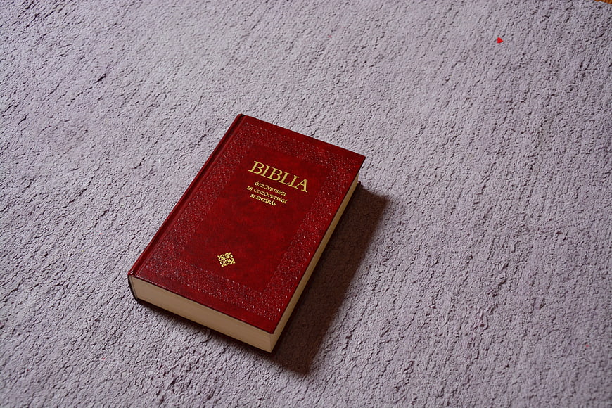 Red leather Bible on textured gray background