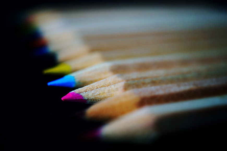 Close-up of colorful pencils with shallow depth of field