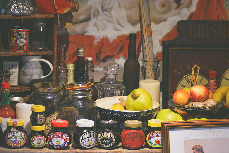 Vintage Marmite Jars and Fruit Still Life Display