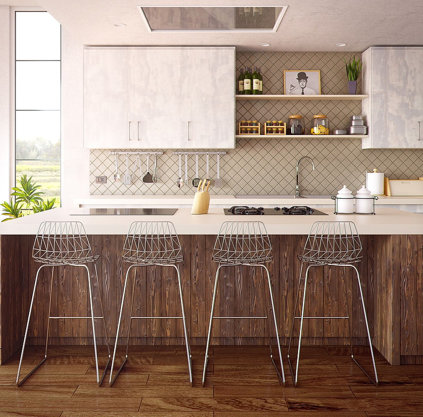 Modern Kitchen Island with Four Wire Bar Stools