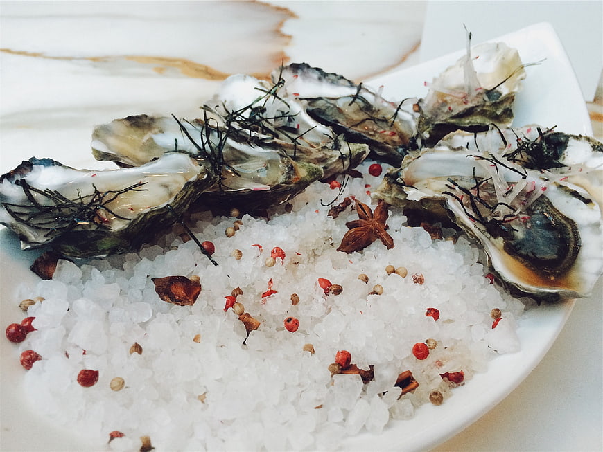 Fresh Oysters on Salt Bed with Spices and Garnish