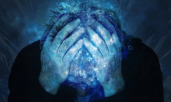 Senior man holding head in despair with blue double exposure effect