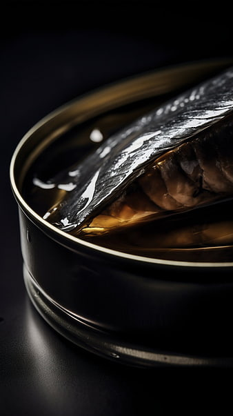 Close-up of oily fish in tin can on dark background
