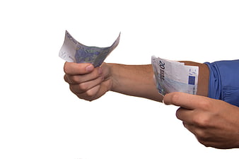 Hands exchanging euro banknotes on white background