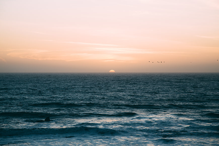 Serene Ocean Sunset with Birds Flying Over Horizon